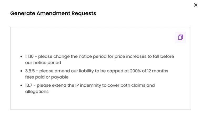 screenshot of AI drafted amendment requests